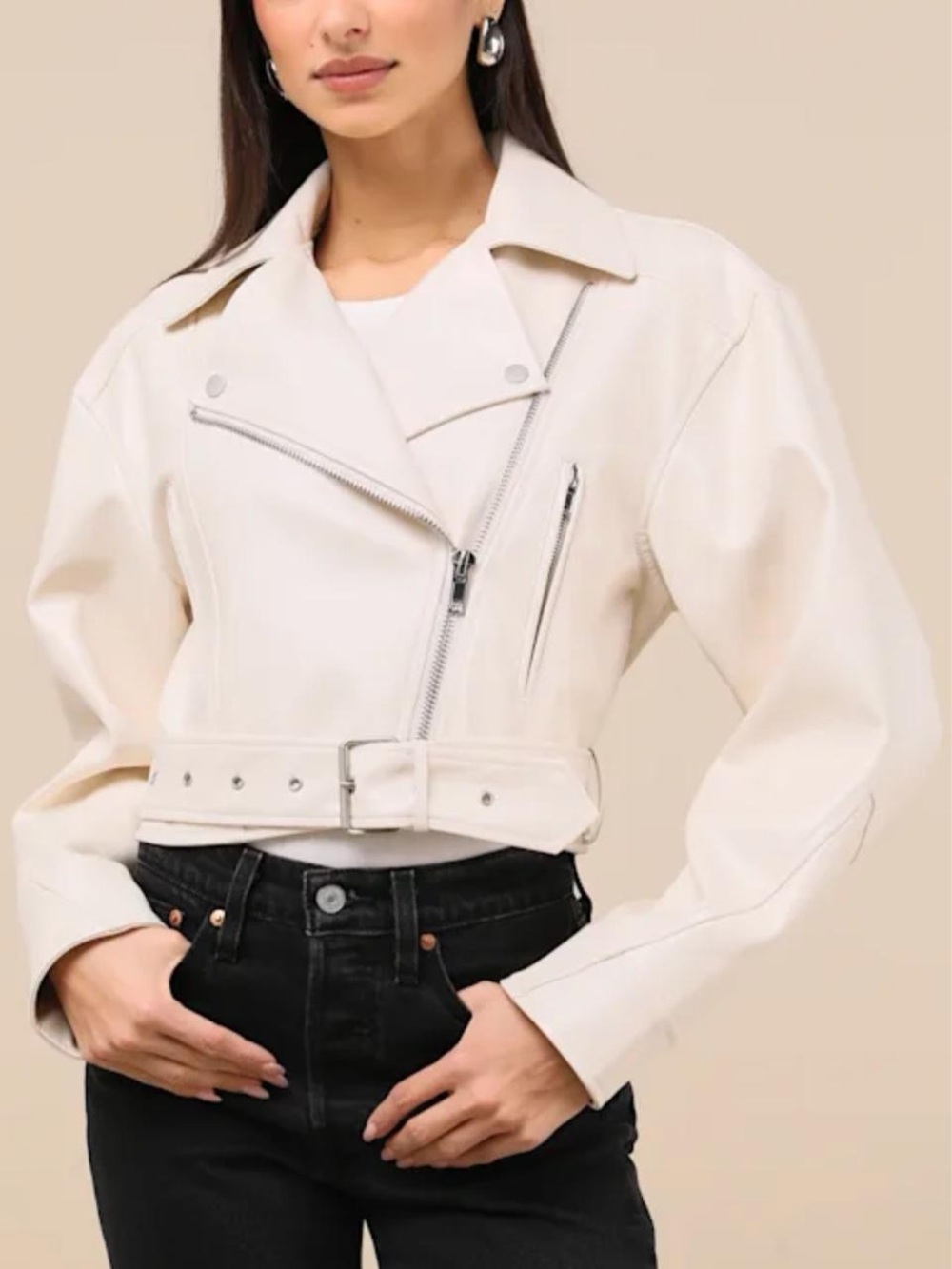 Cropped Cream Vegan Leather Jacket